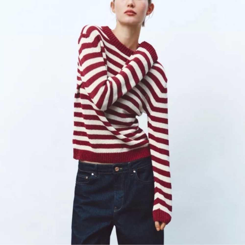 Zara Burgundy and White Striped Sweater